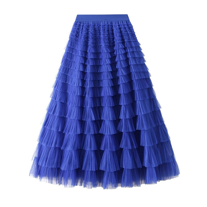 Layered Ruffled A-Line Mesh Cake Skirt with Elastic Waist - Solid Color