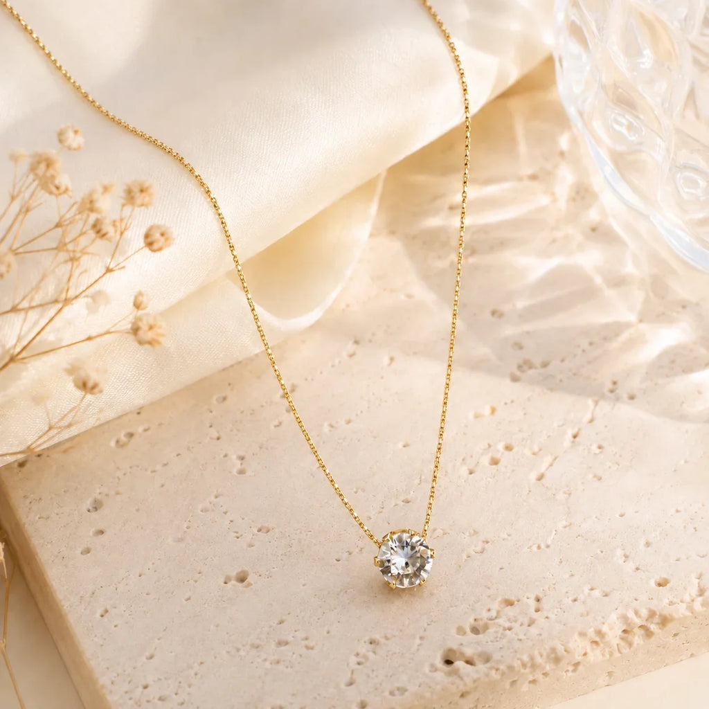 Minimalist Solitaire Zircon Choker Necklace, Crystal Pendant, 18K Gold Plated Stainless Steel Clavicle Chain Jewelry