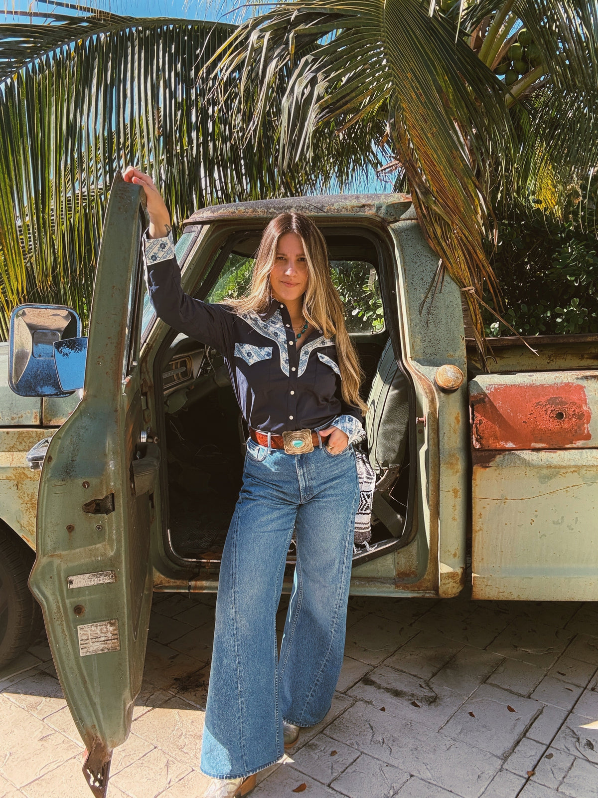 John Wayne Western Pearl Snap Button Up Top In Denim Blue
