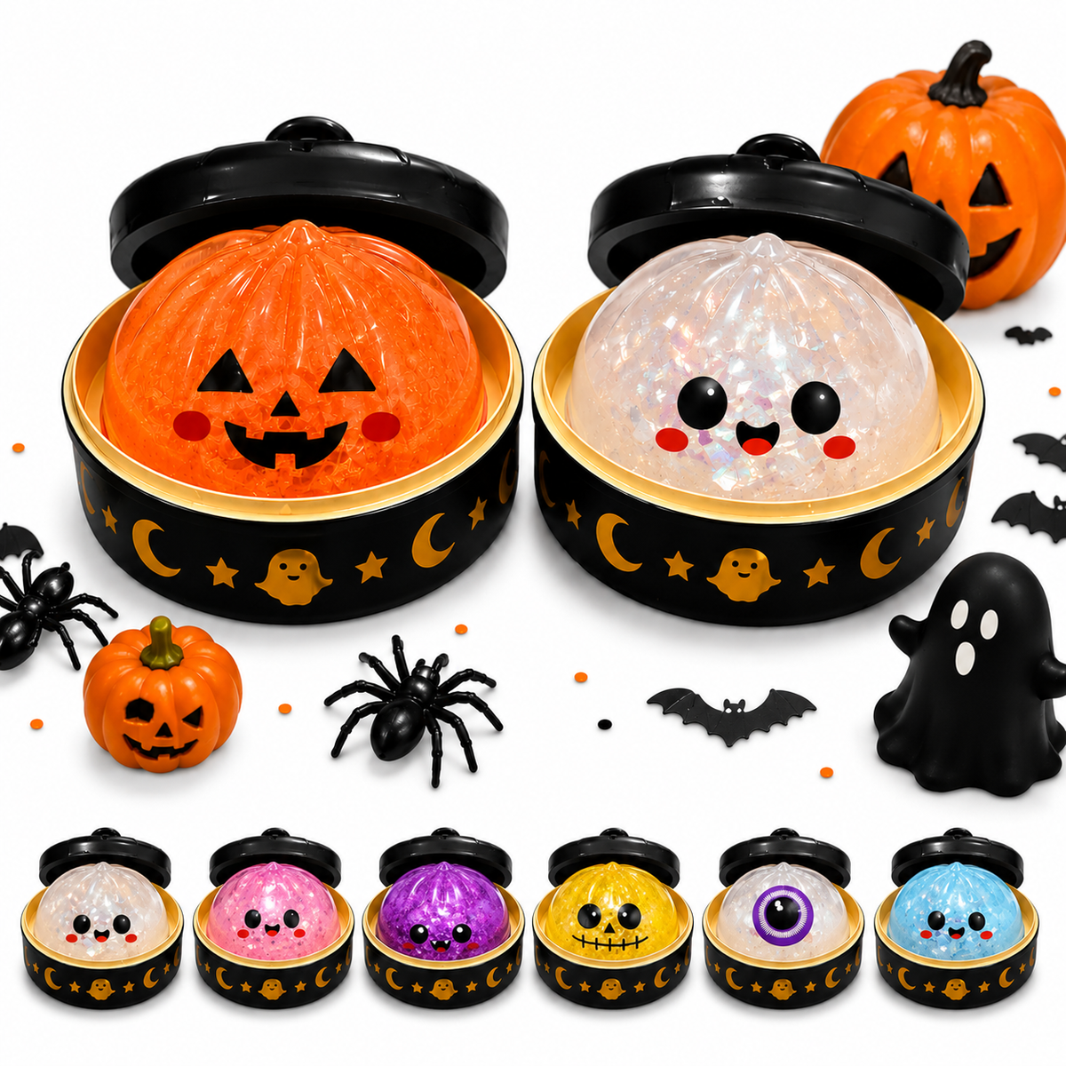 Halloween Squishy Bao 2-Pack Mystery Set – Jelly Gel Stress Relief Dumpling Squishies with Steamer Box | 6 Spooky Designs | 8.5cm