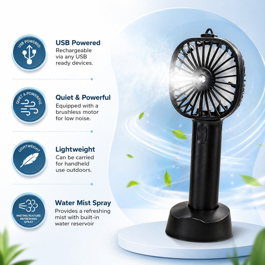 Misting Fan Portable Rechargeable Handheld Cooling Fan USB Powered with Mist Spray Function