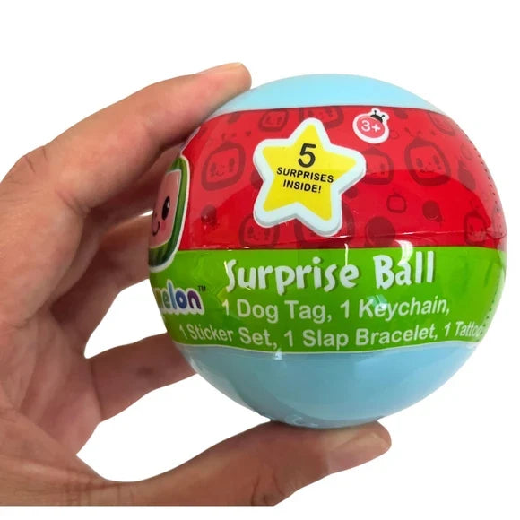 Cocomelon Surprise Ball 6-Pack – Each Ball Includes 5 Surprise Toys Inside, Kids Collectible Gift Set with Dog Tag, Keychain, Slap Band, Stickers & More