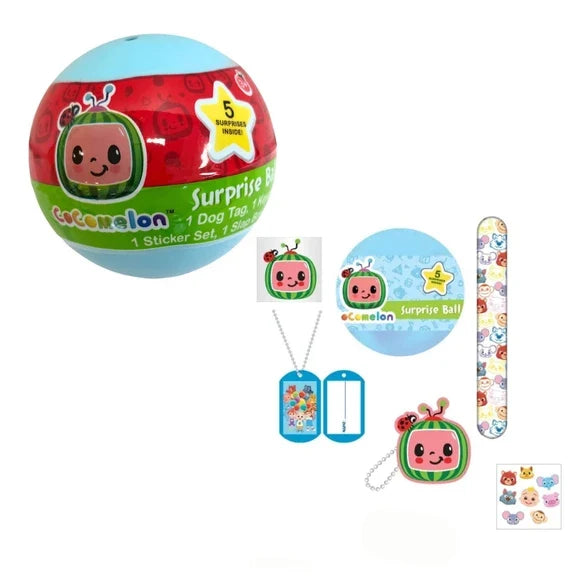 Cocomelon Surprise Ball 6-Pack – Each Ball Includes 5 Surprise Toys Inside, Kids Collectible Gift Set with Dog Tag, Keychain, Slap Band, Stickers & More