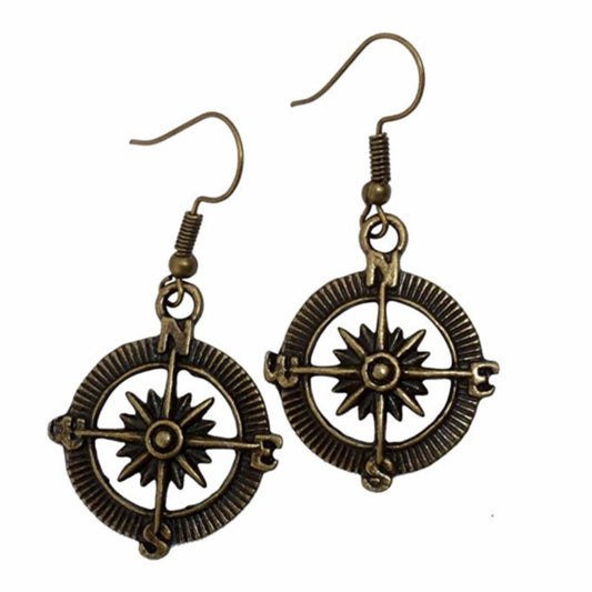 Steampunk Compass Earrings Nautical Vintage Silver Bronze Pirate Dangle Jewelry