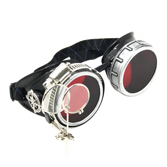 Handmade Steampunk Silver Goggles with Loupes - blue, red, green, clear, purple, black lenses