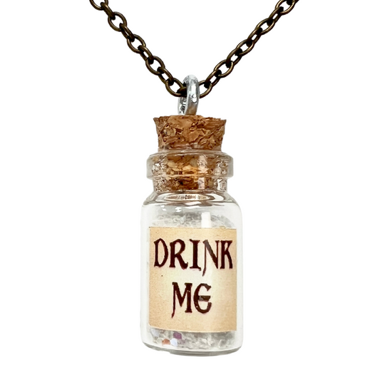 Drink Me Bottle Necklace Glass Vial Fantasy Jewelry Aqua Blue Rusty Glow in the Dark