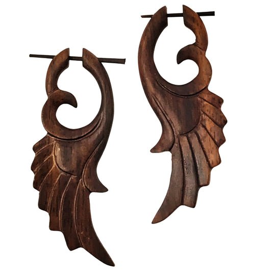 Gothic Feather Wing Wooden Earrings Boho Tribal Angel Wing Statement Jewelry