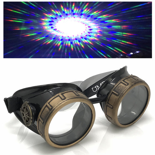 Steampunk Aviator Goggles Spiral Diffraction Lenses - pink, orange, lime green, clear lenses