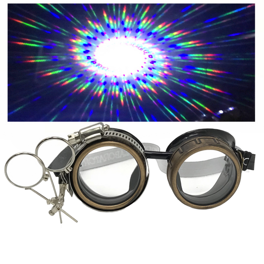 Handmade Steampunk Goggles with Loupe – Diffraction Lenses -neon pink, lime green, orange, and clear lenses