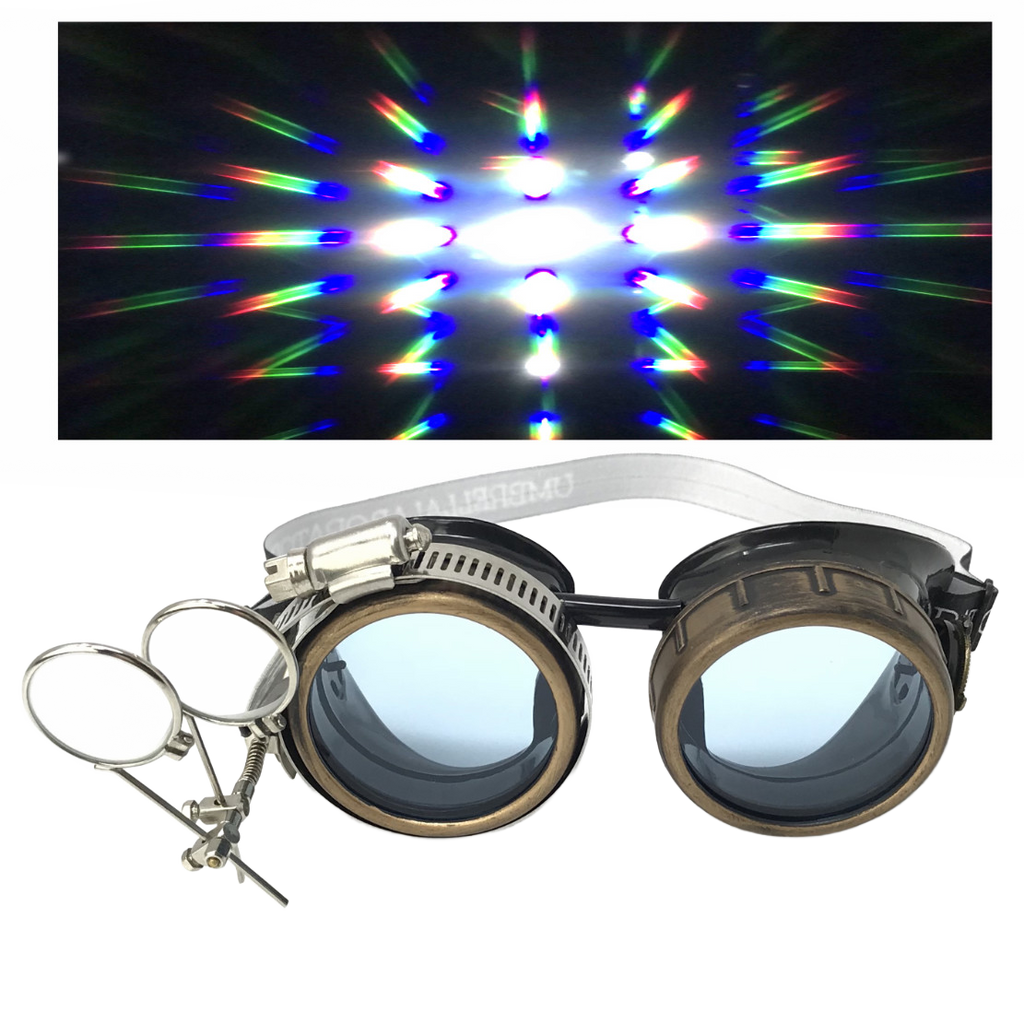 Handmade Steampunk Goggles with Loupe – Diffraction Lenses - neon pink, light blue, lime green, orange, and clear