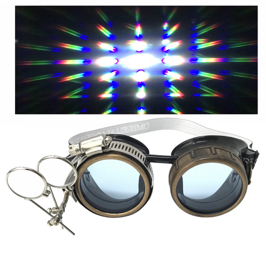 Handmade Steampunk Goggles with Loupe – Diffraction Lenses - neon pink, light blue, lime green, orange, and clear