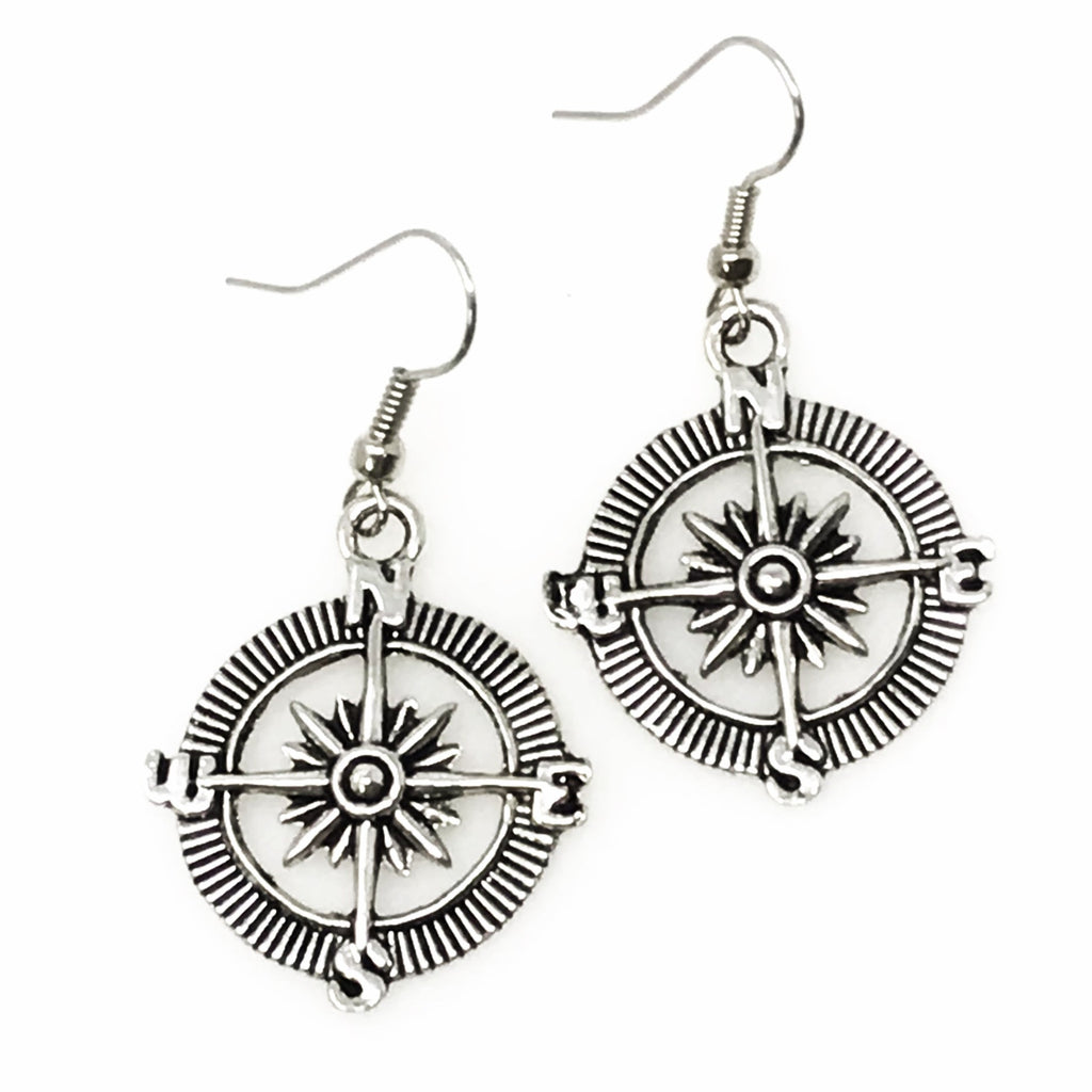 Steampunk Compass Earrings Nautical Vintage Silver Bronze Pirate Dangle Jewelry