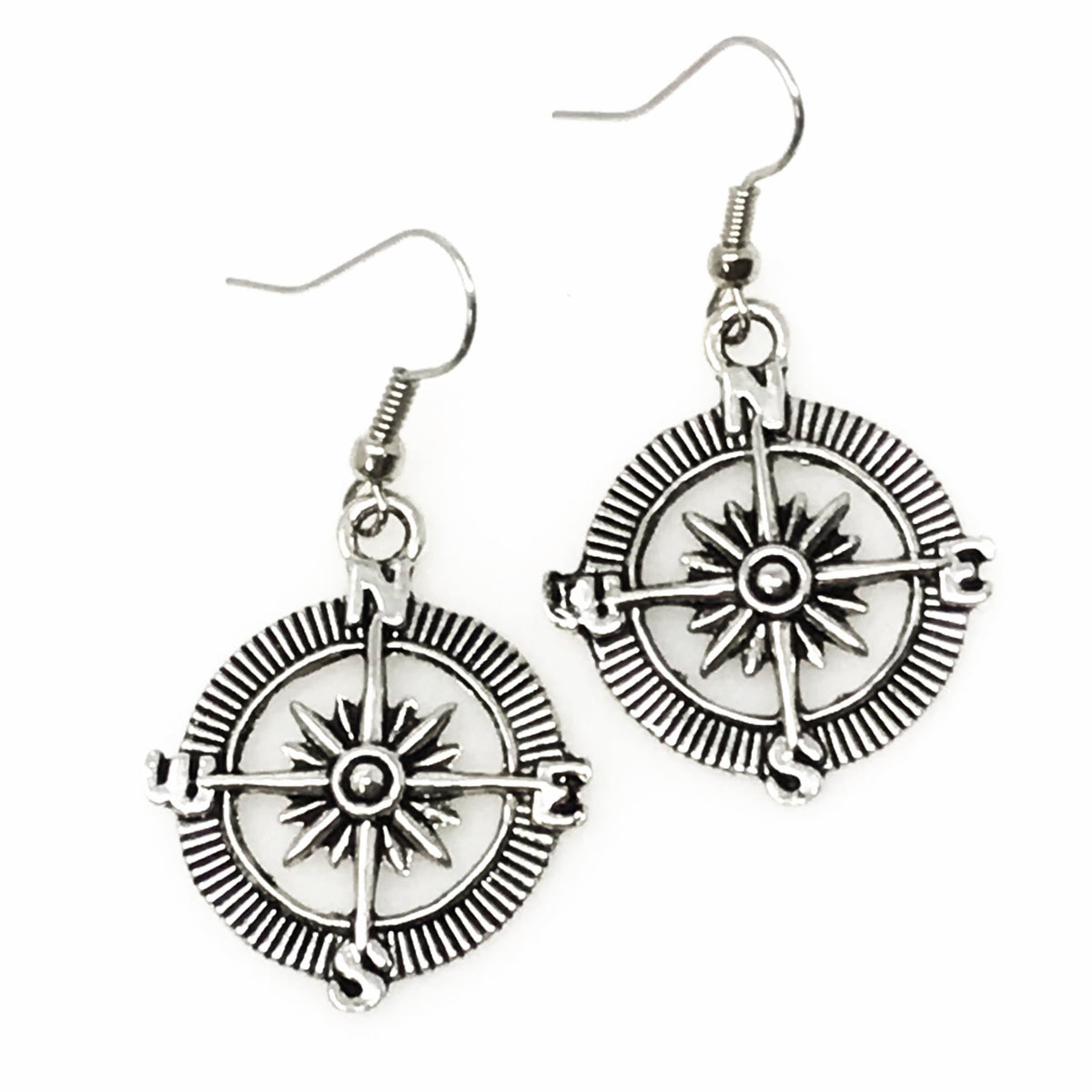 Steampunk Compass Earrings Nautical Vintage Silver Bronze Pirate Dangle Jewelry