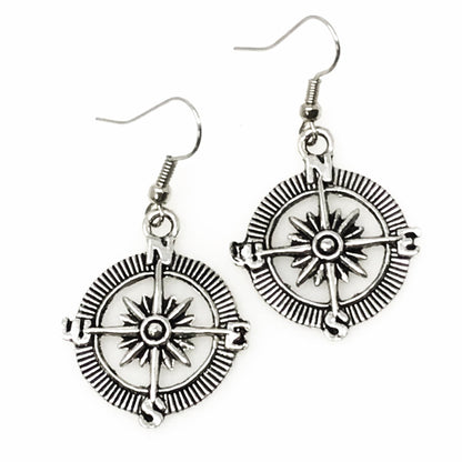 Steampunk Compass Earrings Nautical Vintage Silver Bronze Pirate Dangle Jewelry