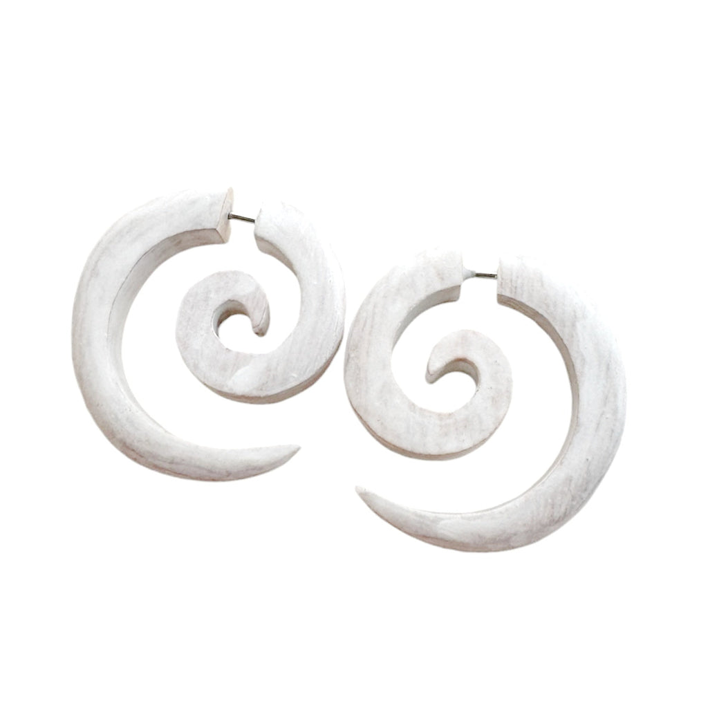 White Spiral or Hook Faux Gauge Earrings Boho Organic Wooden Post Stud Lightweight Tribal Jewelry