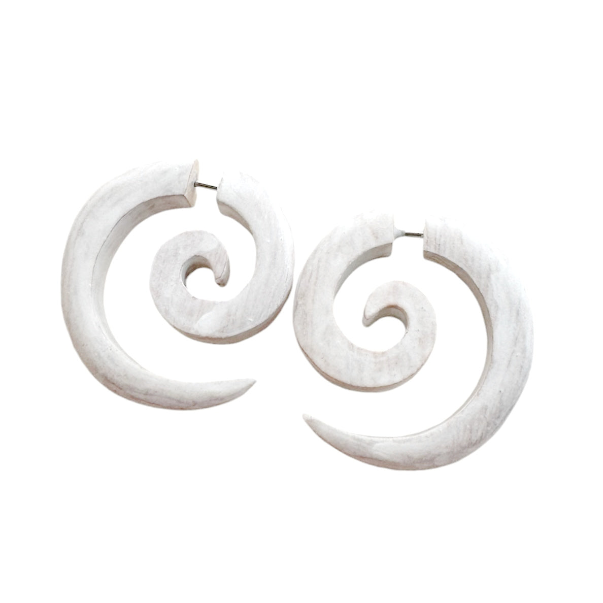 White Spiral or Hook Faux Gauge Earrings Boho Organic Wooden Post Stud Lightweight Tribal Jewelry