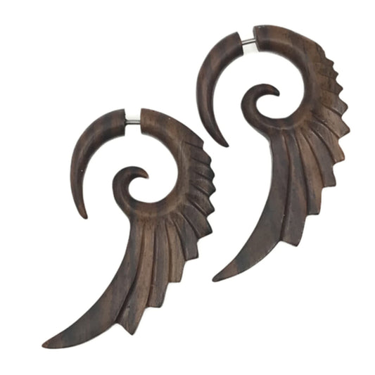 Faux Gauge Fairy Wing Earrings Gothic Boho Wooden Illusion Plug Style Jewelry