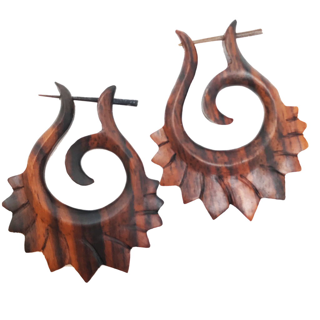Tribal Spiral Wooden Earrings Hawaiian Boho Natural Wood Statement Jewelry