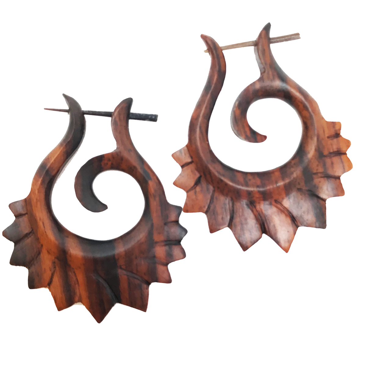 Tribal Spiral Wooden Earrings Hawaiian Boho Natural Wood Statement Jewelry