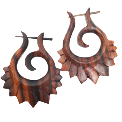 Tribal Spiral Wooden Earrings Hawaiian Boho Natural Wood Statement Jewelry