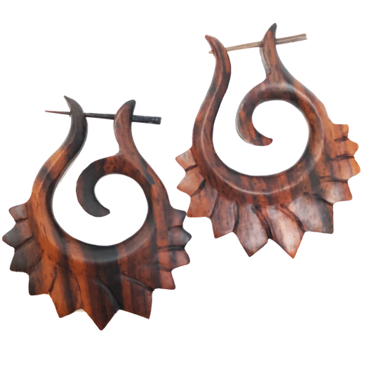 Tribal Spiral Wooden Earrings Hawaiian Boho Natural Wood Statement Jewelry