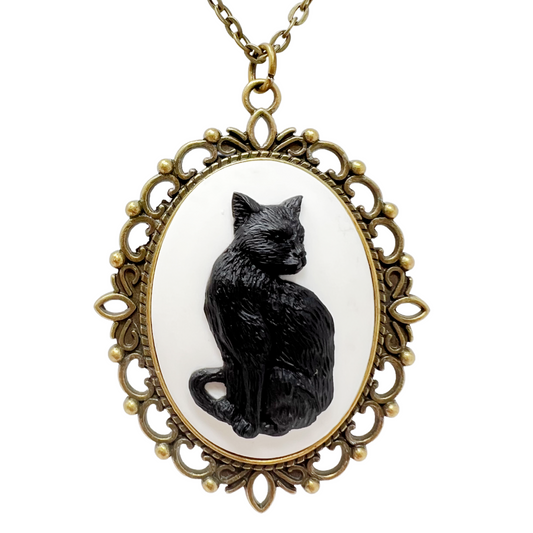 Gothic Black Cat Necklace Victorian Cameo Witchy Jewelry