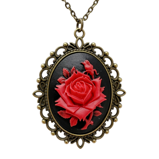 Gothic Lolita Red Rose Necklace Victorian Cameo Romantic Dark Jewelry Silver or Bronze