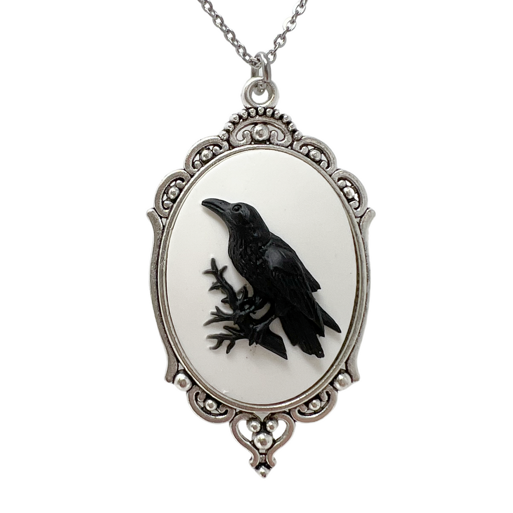 Raven Crow Necklace Gothic Victorian Cameo Dark Academia Jewelry Silver or Bronze