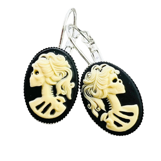 Gothic Skeleton Cameo Earrings Victorian Lolita Lady Skull Jewelry Silver Bronze