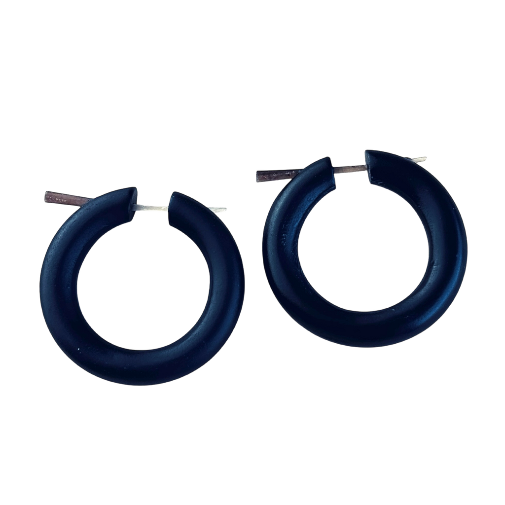 Black Wooden Hoop Earrings Boho Minimalist Lightweight Round Everyday Jewelry