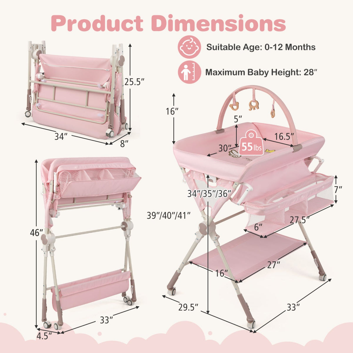 Baby Changing Table Foldable Diaper Changing Station with Storage Bag and Shelf