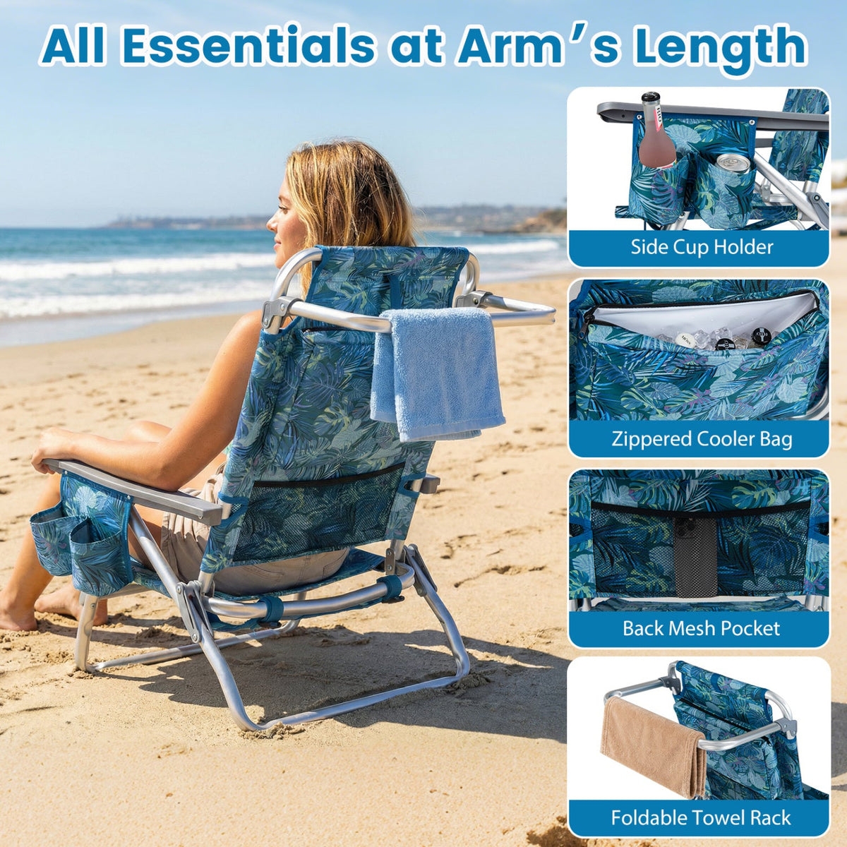Beach Chairs Set of 2 Portable Folding Backpack Recliners with 5-Position Backrest and Padded Headrest