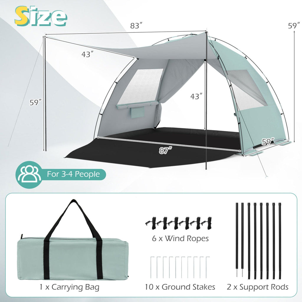 Beach Tent Sun Shelter with Canopy with Extended Floor and Vent Windows