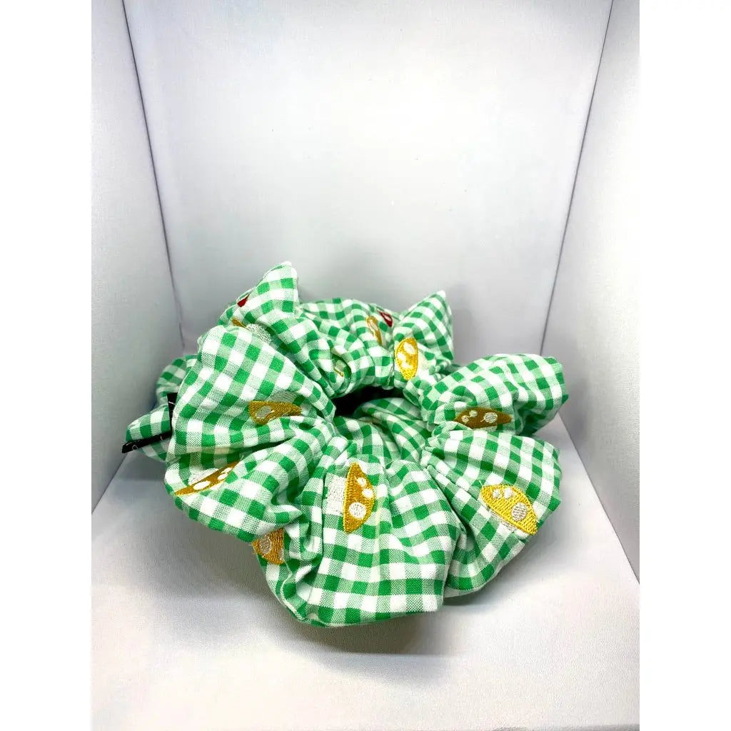 Green Plaid Mushroom Scrunchie