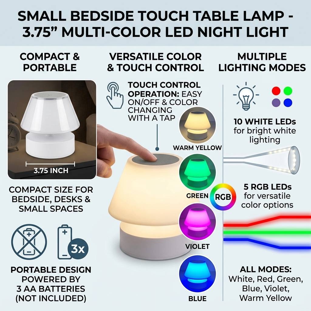 Small Bedside Touch Table Lamp 3.75" Multi Color LED Night Light Touch Control Portable Bedroom Desk Lamp
