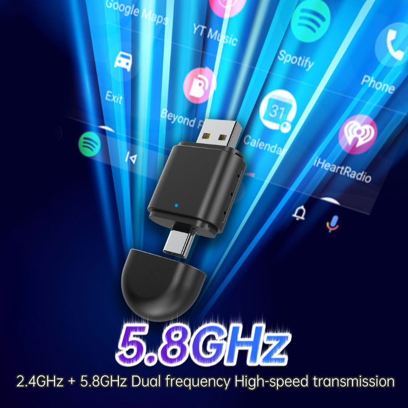 2-in-1 Wireless CarPlay & Android Auto Adapter | USB & Type-C Plug | 5.8GHz Wi-Fi