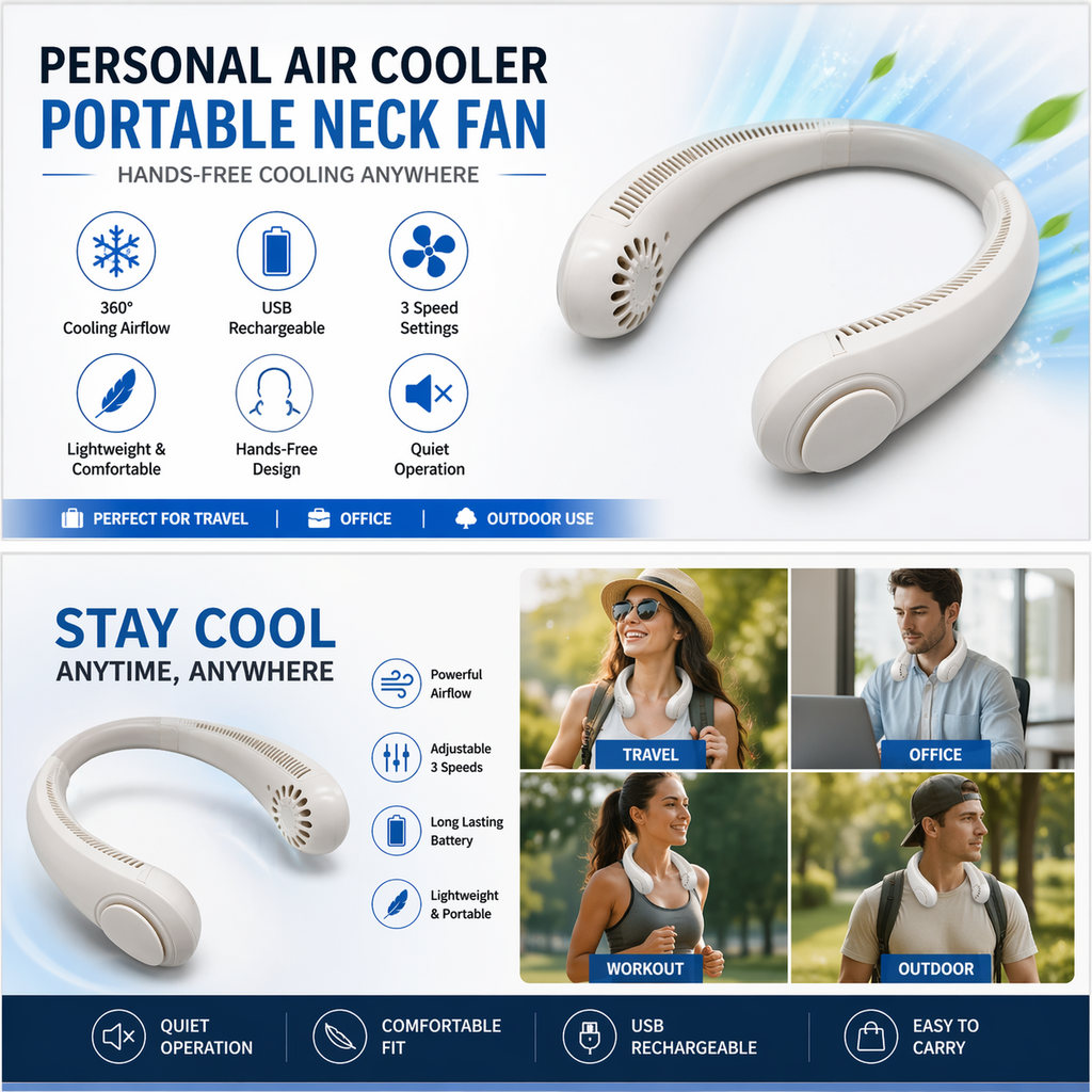 Portable Neck Fan Personal Air Cooler Mini USB Rechargeable Hands-Free Fan for Indoor Outdoor Use