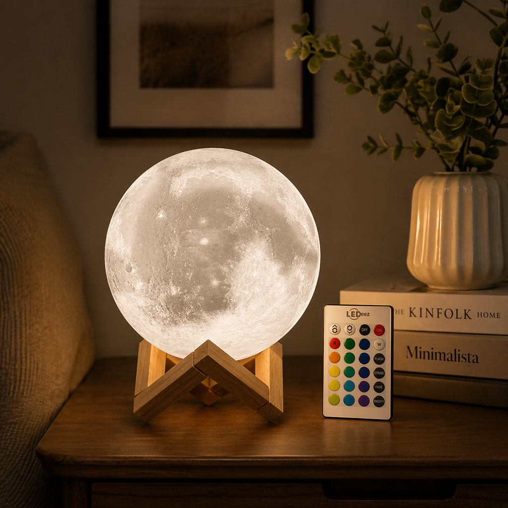 LED Moon Lamp with Display Stand and Remote 16 Colors Adjustable Brightness Wooden Base Decorative Night Lamp