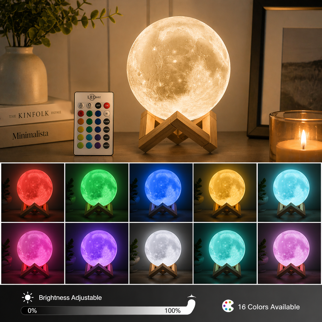 LED Moon Lamp with Display Stand and Remote 16 Colors Adjustable Brightness Wooden Base Decorative Night Lamp