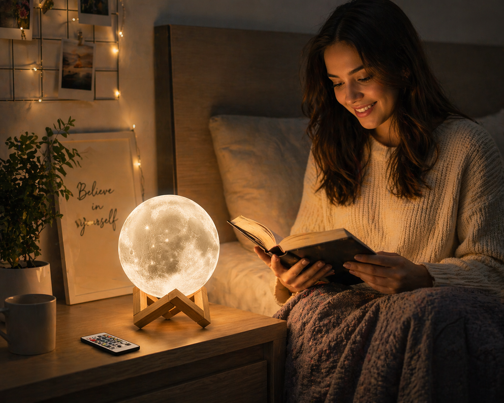 LED Moon Lamp with Display Stand and Remote 16 Colors Adjustable Brightness Wooden Base Decorative Night Lamp