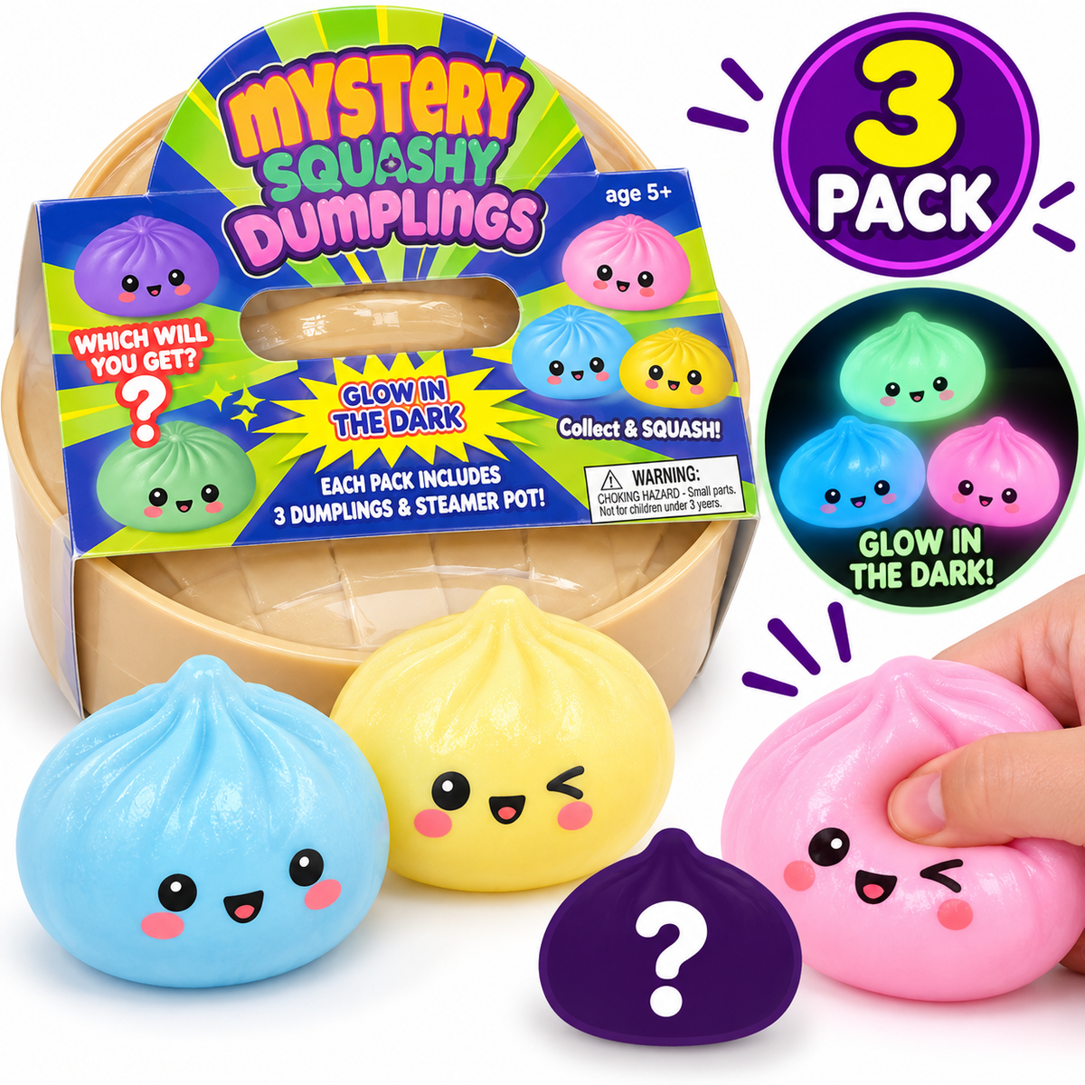 Mystery Squishy Dumplings 3-Pack Mini Glow in the Dark – Soft Squishy Stress Relief Toy | Ages 5+ | Collect Them All