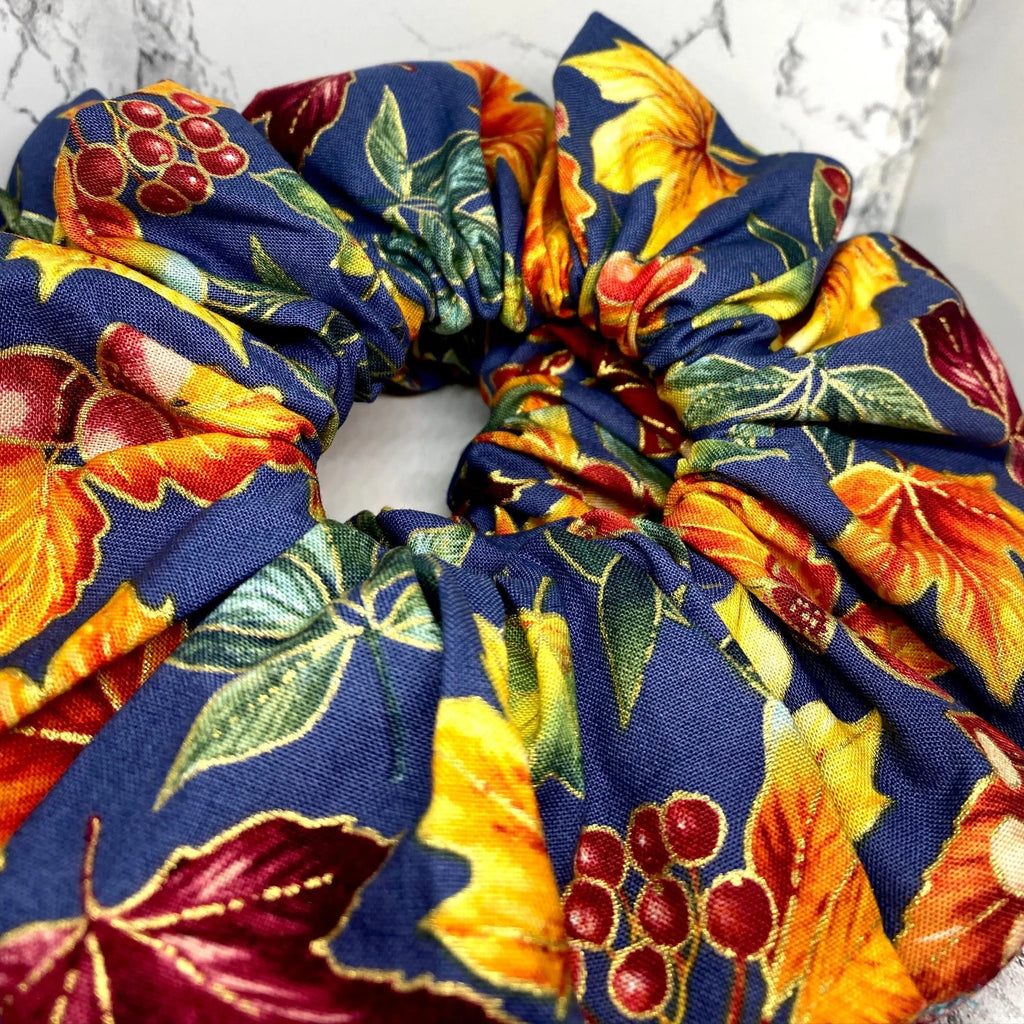 Navy Metallic Leaves Fall Scrunchie