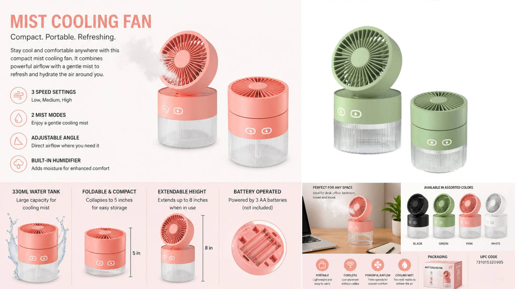 Mist Cooling Fan Compact Desktop Fan with Water Mist Feature Assorted Colors