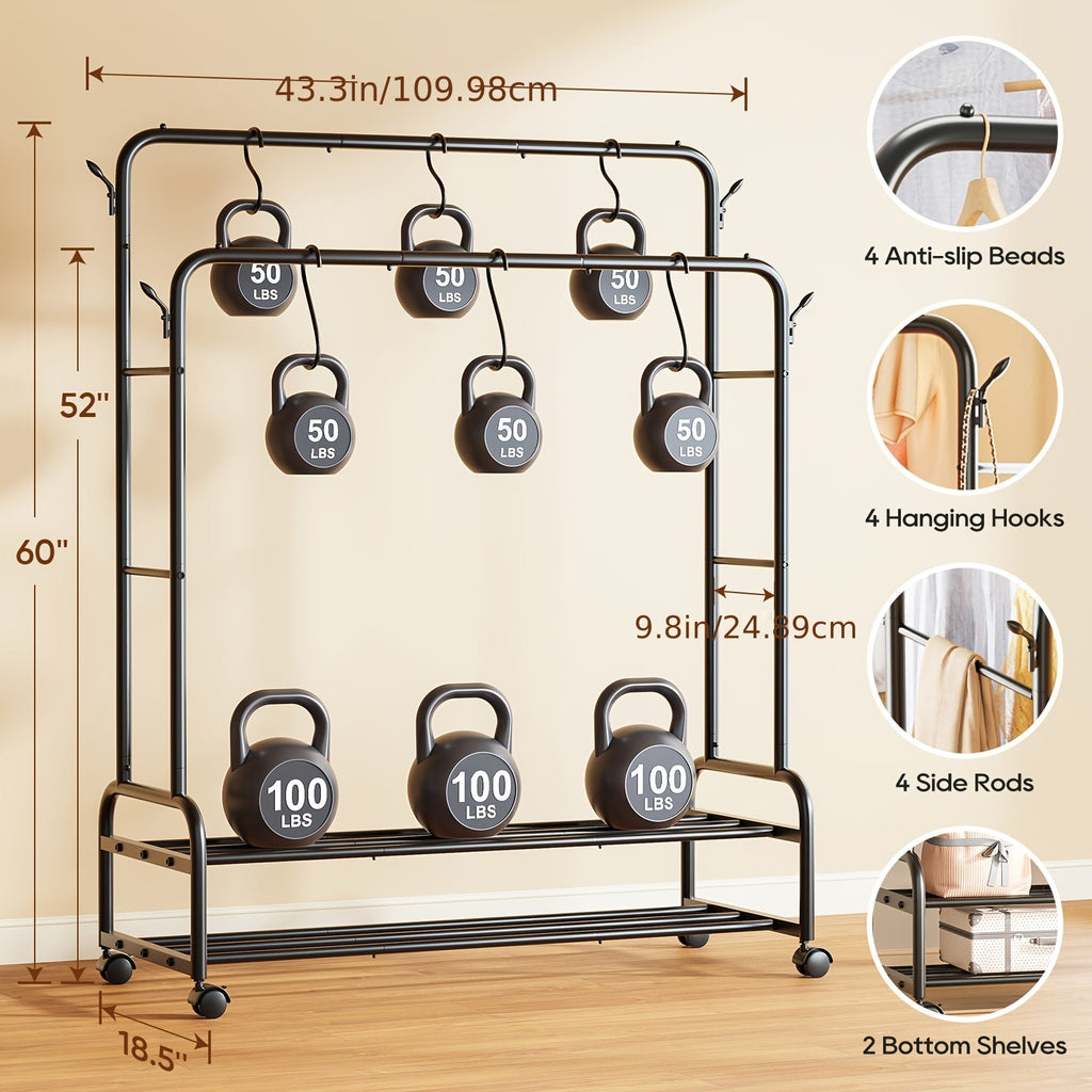Heavy Duty Double Rod Clothes Rack w/ Wheels Shelves Hooks Garment Rack