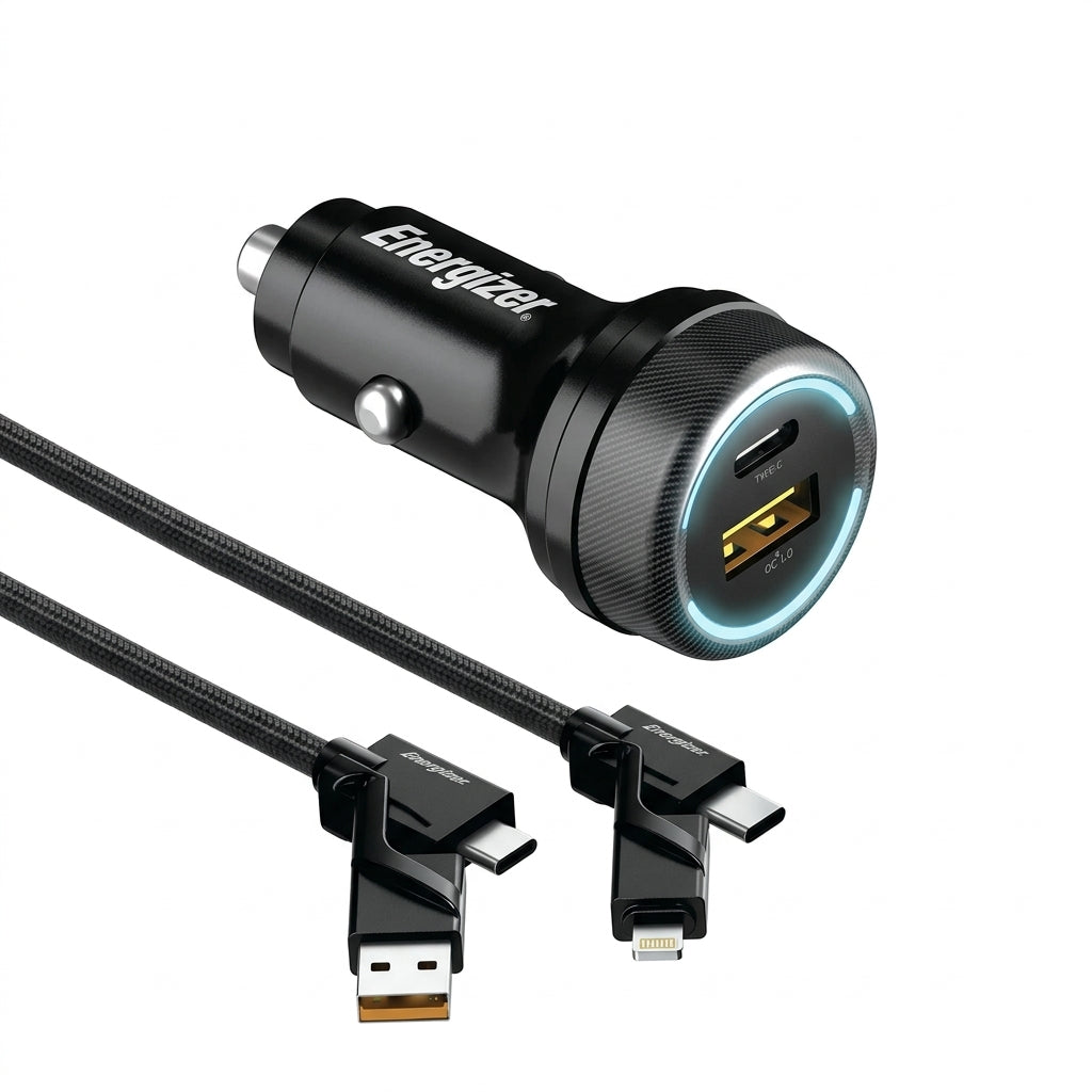 Energizer Car Charger Combo Kit – 20W USB-C PD Charger + 4-in-1 Universal Charging Cable