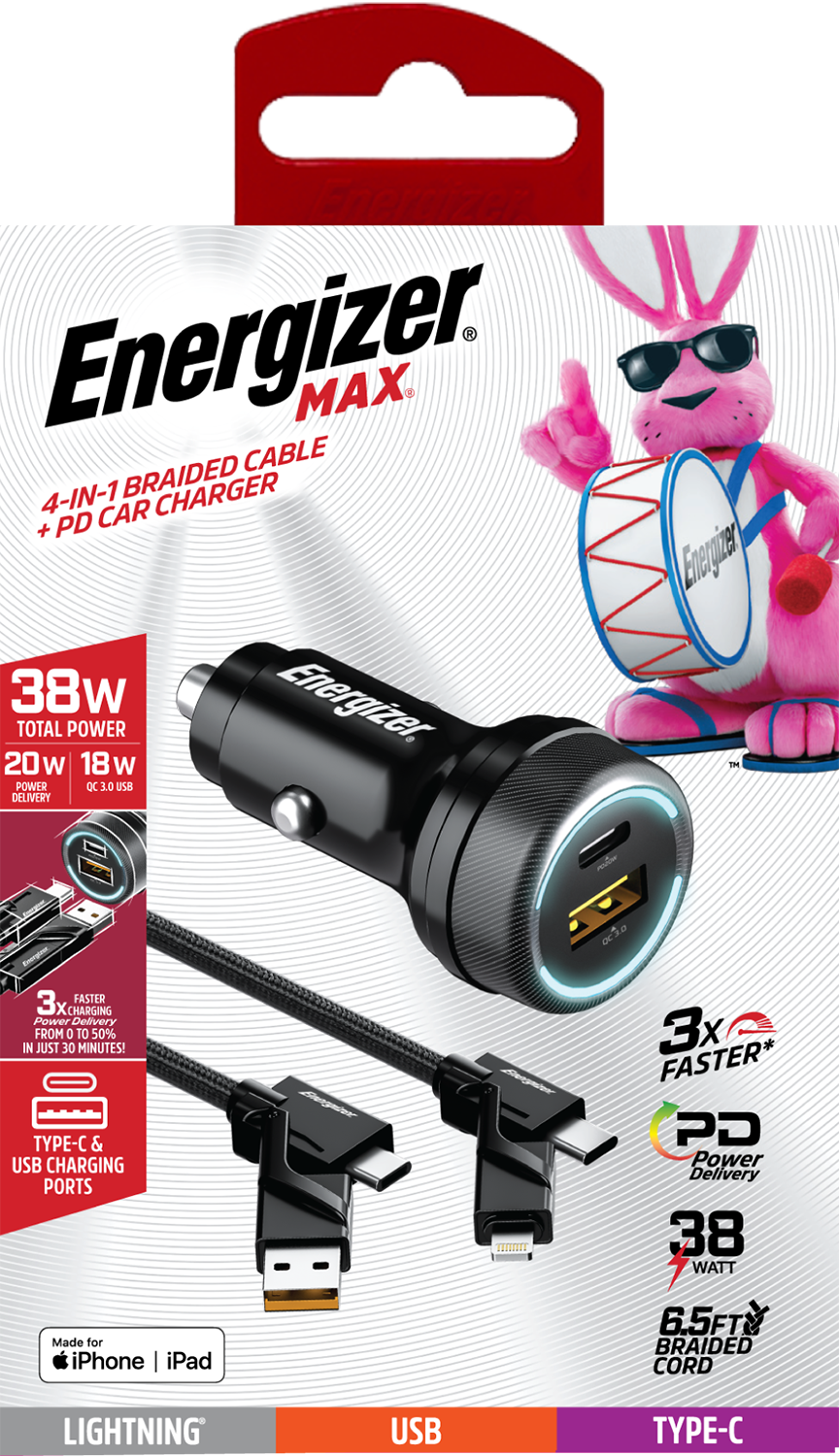 Energizer Car Charger Combo Kit – 20W USB-C PD Charger + 4-in-1 Universal Charging Cable