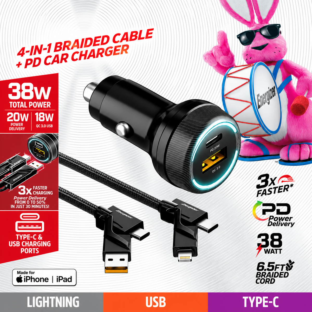 Energizer Car Charger Combo Kit – 20W USB-C PD Charger + 4-in-1 Universal Charging Cable