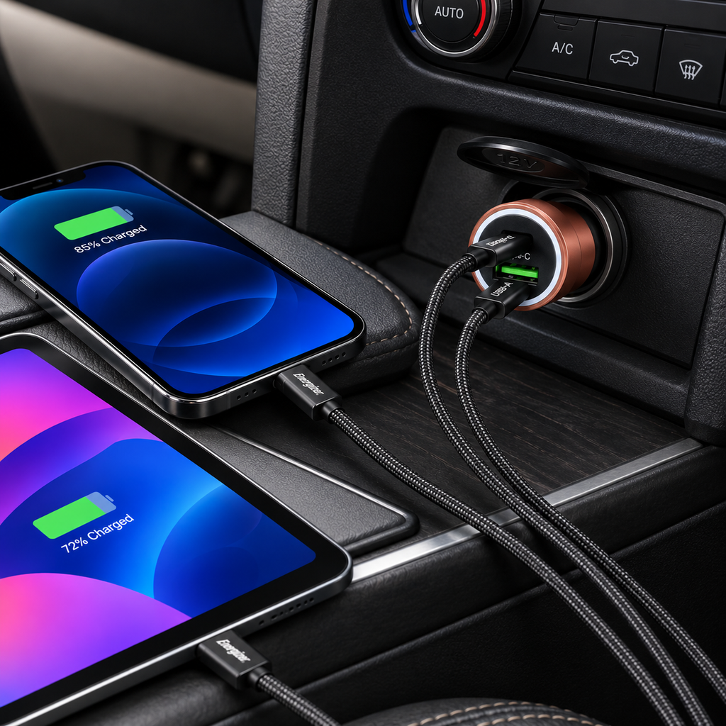 Energizer Car Charger Combo Kit – 20W USB-C PD Charger + 4-in-1 Universal Charging Cable