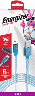 Energizer 6ft USB-C to USB-C Cable – Flat Mesh Braided Fast Charging Cord (Blue)