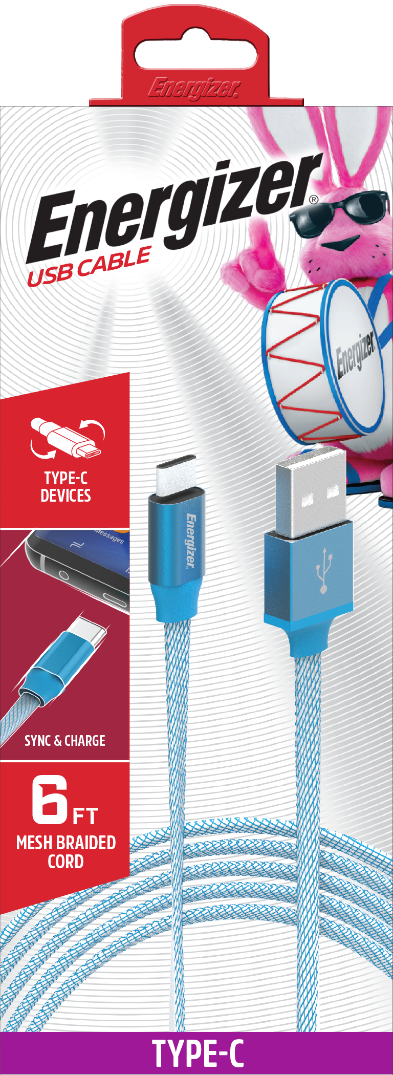 Energizer 6ft USB-C to USB-C Cable – Flat Mesh Braided Fast Charging Cord (Blue)